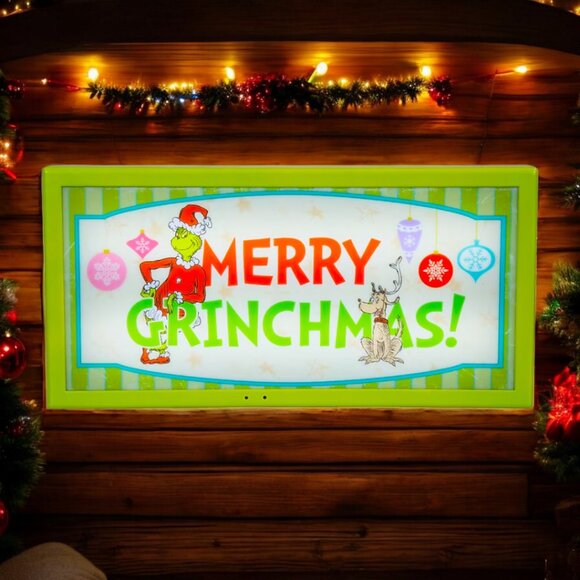 The Grinch And Max Light Up Merry Christmas Sign Hanging Wall Decor Lights Sound - Picture 1 of 7